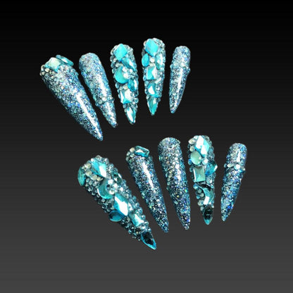 Handcrafted Stiletto Prom Style Press-On Nails with Stunning Blue Diamond Crystal Accents for Radiant Girls and Women