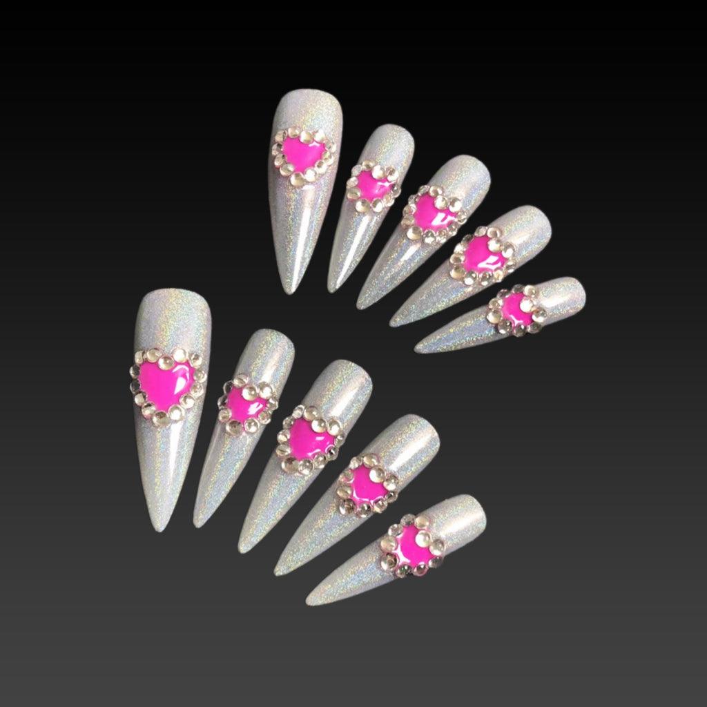 Diamond Pink Heart Stiletto Press-On Nails: Handcrafted Elegance for Women and Girls