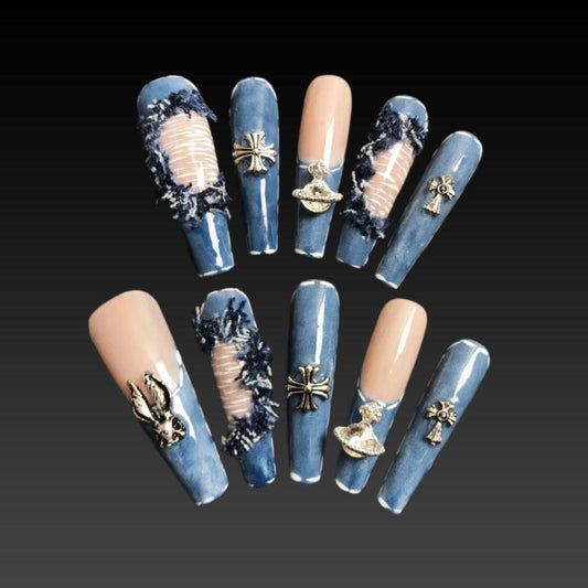 Blue Jeans Dream: Handcrafted Long Coffin Press-On Nails for Women and Girls