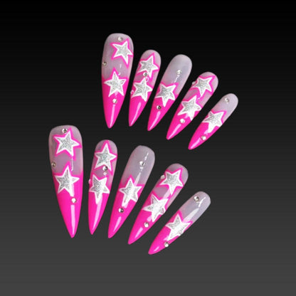 Handcrafted Stiletto Press-On Nails with Pink Diamond Accents for Fabulous Girls and Women