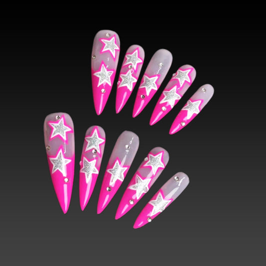 Press On Nails Stiletto Style False Nails with Pink Diamond Accents For Girls And Women