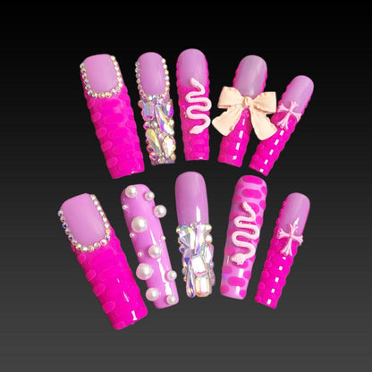 Pretty in Pink: Handmade Long Square Press-On Nails, Perfect for Fashionistas of All Ages