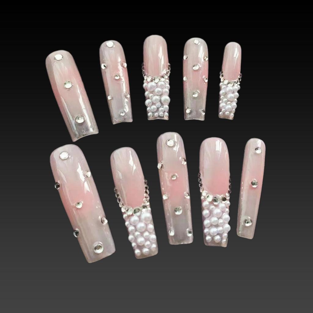 Handmade Press On Nails Long Square False Nails with White Diamond Pearls Accents For Girls And Women