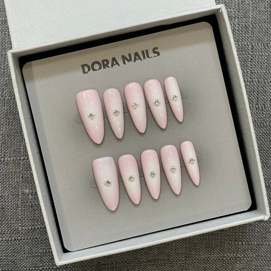 Handcrafted Press-On Nails for Girls and Women, Gradient Pink with Crystal Accents