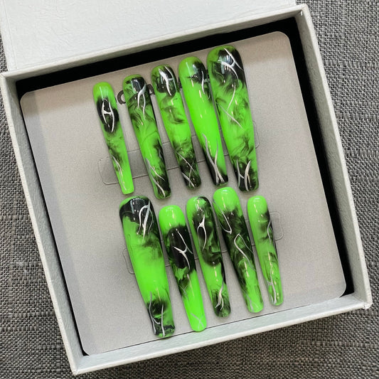 Handcrafted Long Coffin Press-On Nails: Prom Style Green for Women and Girls