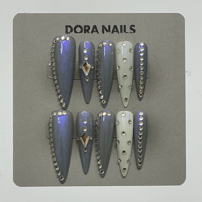 Handcrafted Long Stiletto Press-On Nails in Crystal White and Blue for Women and Girls