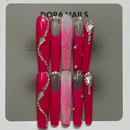 Handcrafted Long Square Press-On Nails with Dazzling Crystal Rhinestone Red Tips for Effortless Elegance