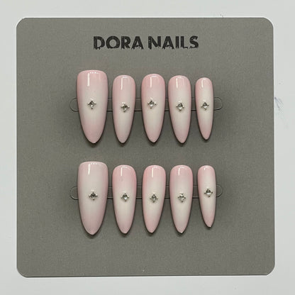 Handcrafted Press-On Nails for Girls and Women, Gradient Pink with Crystal Accents