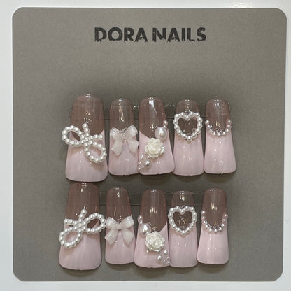 Handcrafted Duck Nails for Girls and Women, Pink French Tip with pearls