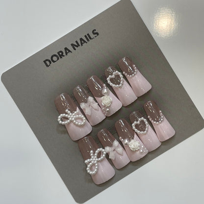 Handcrafted Duck Nails for Girls and Women, Pink French Tip with pearls