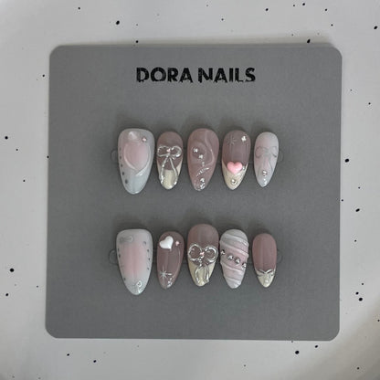 Handmade Press On Nails Stiletto Almond Style False Nails with Pink French Tip Accents For Girls And Women