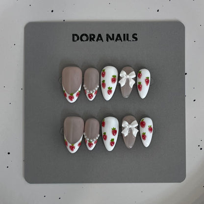 Handmade Press On Nails Stiletto Almond Style False Nails with Strawberry French Tip Accents For Girls And Women