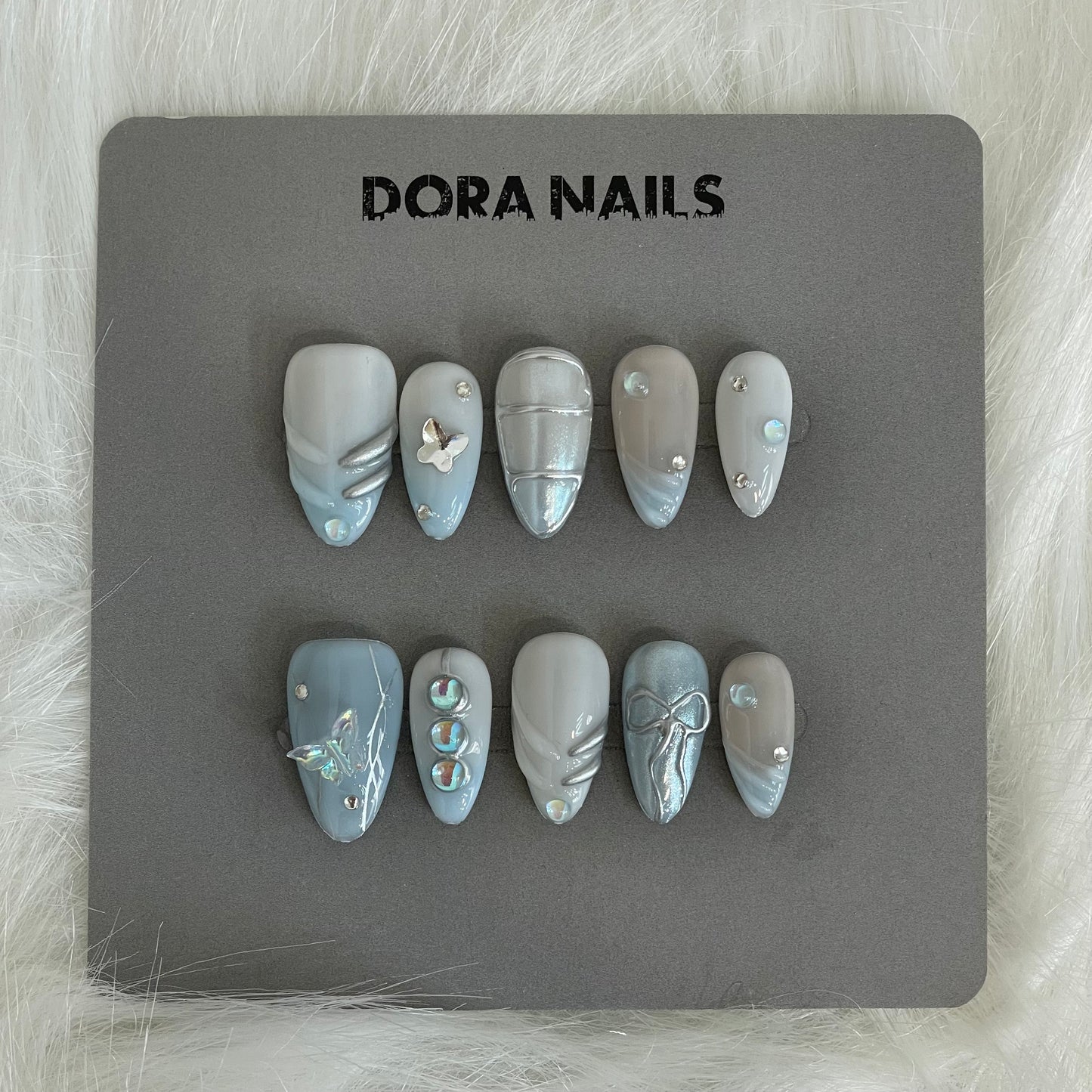 Handmade Press On Nails Stiletto Almond Style False Nails with Blue Special Design Accents For Girls And Women