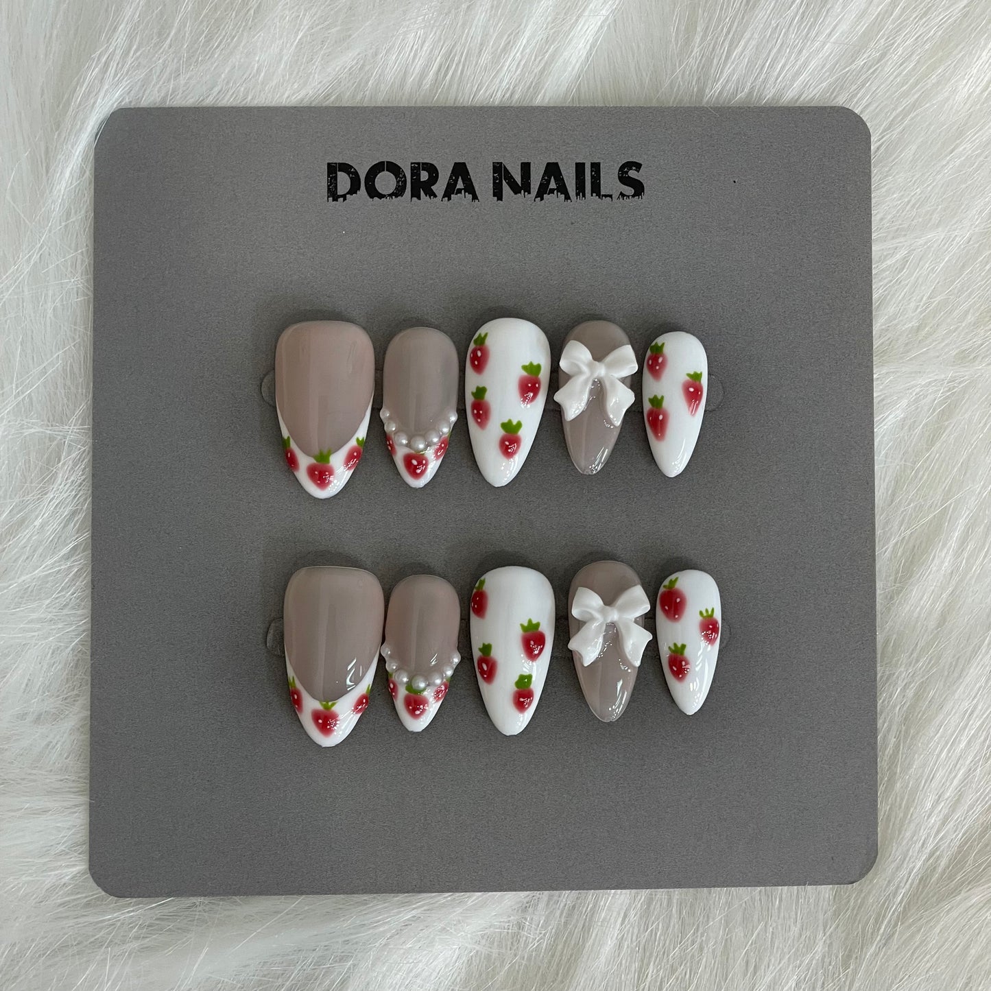 Handmade Press On Nails Stiletto Almond Style False Nails with Strawberry French Tip Accents For Girls And Women