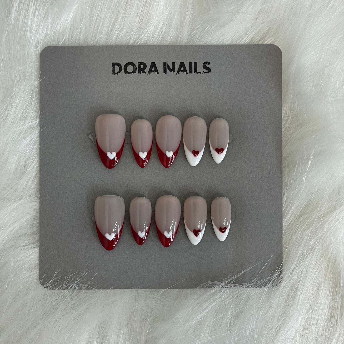 Handmade Press On Nails Stiletto Almond Style False Nails with Red Heart French Tip Accents For Girls And Women