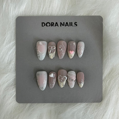 Handmade Press On Nails Stiletto Almond Style False Nails with Pink French Tip Accents For Girls And Women