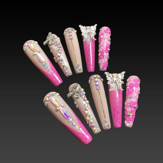 Press On Nails Long Coffin False Nails with Pink Diamond Crystal Accents For Girls And Women