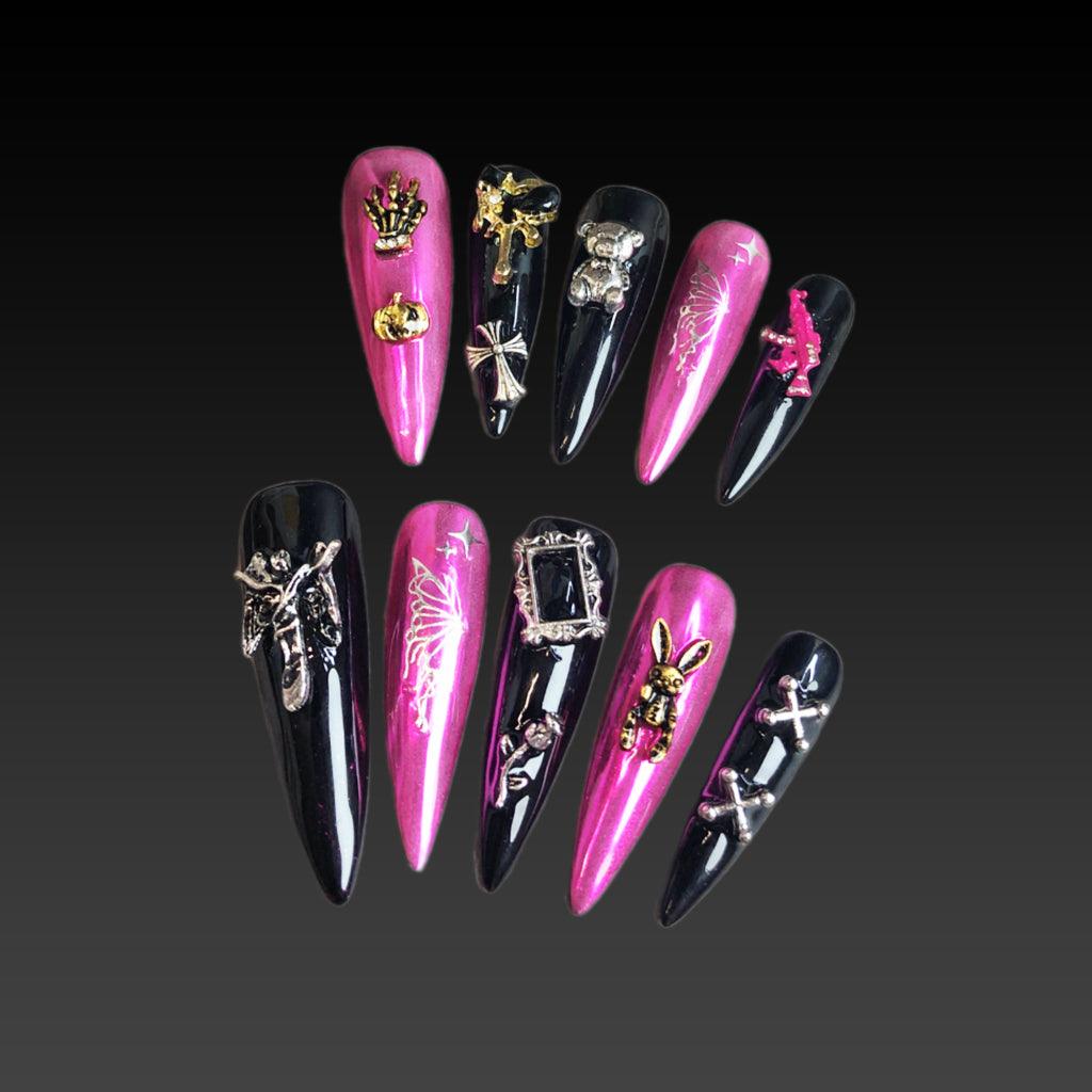 Dark Design Stiletto Press-On Nails: Handcrafted Sophistication for Women of All Ages